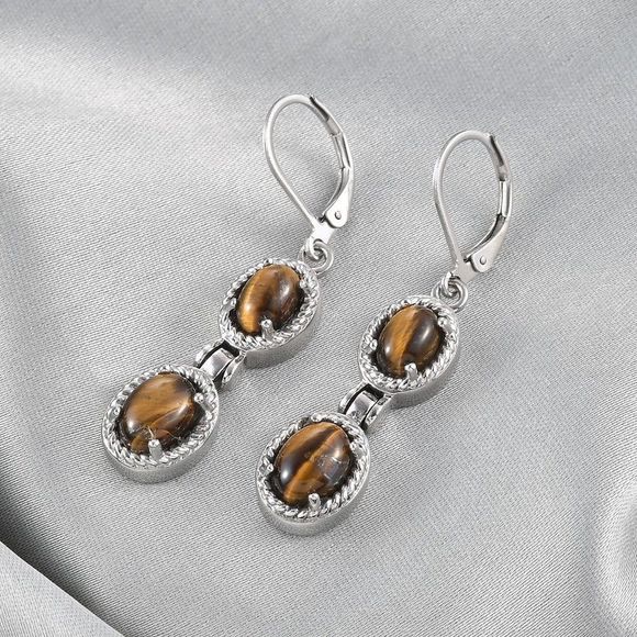 South African Tiger's Eye Dangle Earrings in Stainless Steel 4.60 ctw - Picture 2 of 7
